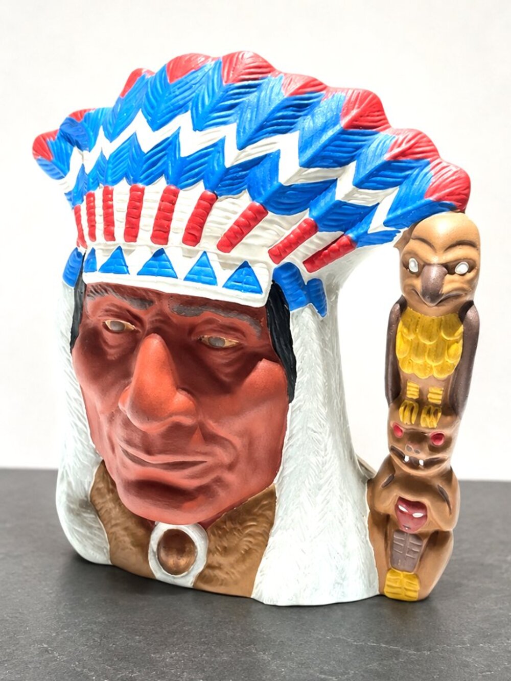Vintage 1978 Native American Chief Toby Jug Planter Totem Handle Ceramic 7.5"